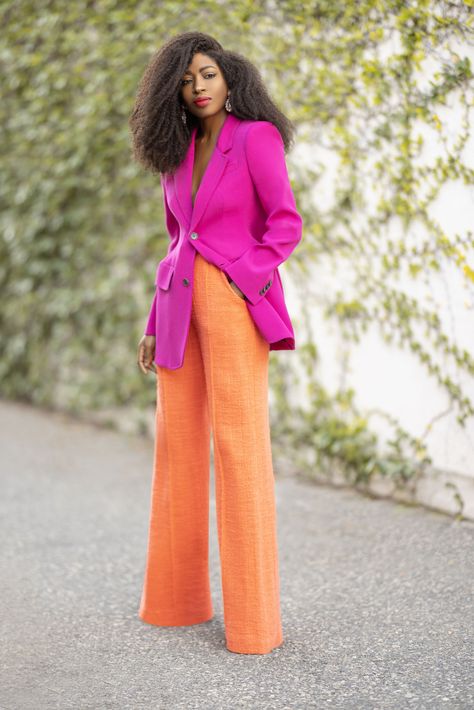 Hour Glass Blazer + High Waist Pants Fuschia Blazer Outfit, Cute Colorful Outfits, Theory Fashion, Cute Church Outfits, African Fabric Dress, Style Pantry, Color Blocking Outfits, Blazer Outfit, Hour Glass