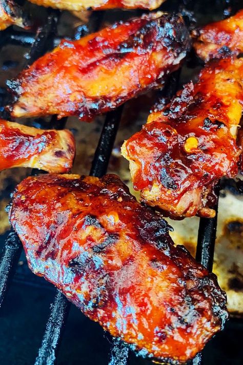 chicken wings on a grill with a glaze Coke Chicken, Easy Chicken Wings, Glazed Chicken Wings, Wing Sauce Recipes, Grilled Wings, Cherry Coke, Healthy Chicken Dinner, Traeger Grill, Glazed Chicken