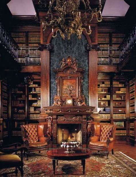 Cozy libraries with fireplaces that would keep you warm all winter long. Join me on my blog Slateknight.com where I learn languages from books! Library With Fireplace, Library Fireplace, Victorian Library, Cozy Library, Harrison Design, Dream Library, Beautiful Library, Library Room, Interior Vintage