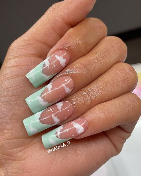 Simple Acrylic Designs, Summer Spring Nails, Cloud Nails, Mint Green Nails, Mint Nails, Green Acrylic Nails, Pastel Nails Designs, Simple Acrylic, Cute Simple Nails