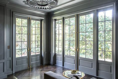 Gray French Doors with Brass French Casement Hardware French Casement Windows, External French Doors, Solid Wood Entry Doors, Kitchen French, Herringbone Wood Floor, Herringbone Wood, Wood Entry Doors, Doors And Floors, Double French Doors