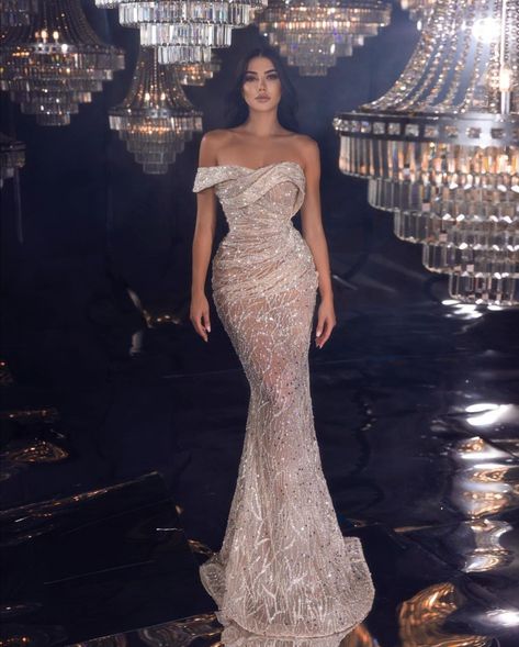 Sheer, elegant beige evening dress with a heart-shaped neckline, richly embellished with crystals, with one off-the-shoulder sleeve. Beige Evening Dress, Elegant Silk Dresses, Matric Dance Dresses, Outfit Anime, Matric Dance, Trendy Coat, Gorgeous Prom Dresses, Dinner Dress Classy, Outfit Classy