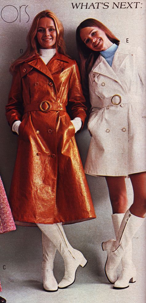 Pennys 70 fw brown vinyl | Flickr - Photo Sharing! Purple Rain Coat, 1970 Fashion, Raincoat Outfit, Vinyl Raincoat, 70s Outfits, Seventies Fashion, 70’s Fashion, Long Leather Coat, 20th Century Fashion