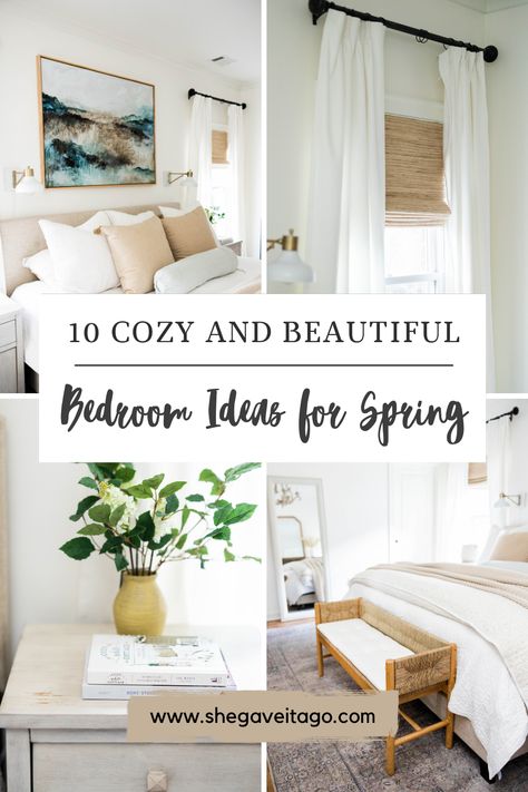 Spring Bedroom Decor Ideas by top AL home blogger, She Gave It A Go Spring Bedding Bedroom Inspiration, Spring Bedroom Ideas, Spring Bedroom Decor, Spring Bedding, Spring Cozy, Spring Bedroom, Wooden Shades, Perfect Bedding, Bed Springs