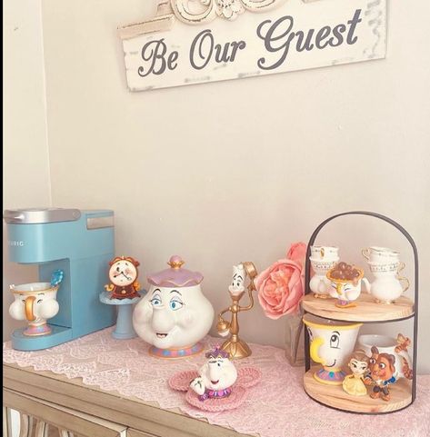 Disney Themed Kitchen Ideas, Beauty And The Beast Themed Kitchen, Beauty And The Beast Themed Dining Room, Disney Theme Kitchen, Disney Home Aesthetic, Be Our Guest Tea Party, Disney Kitchen Decor Ideas, Disney Home Office, Disney Living Room Ideas