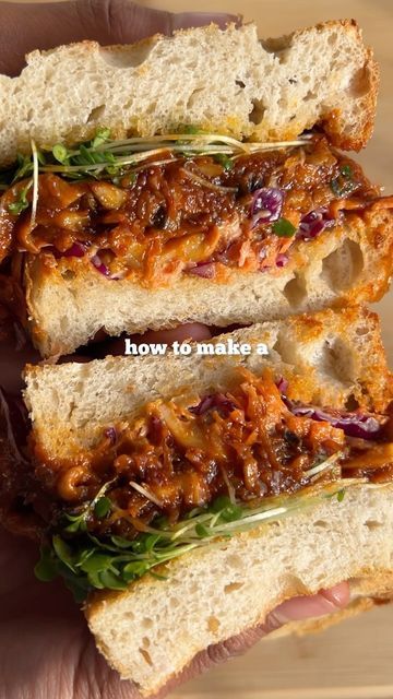 Jacob King on Instagram: "PULLED PORK SANDWICH 🥪 written recipe below 👇🏾 In the 4th and penultimate episode of Magic Mushrooms we are shredding king oyster mushrooms and turning them into a saucy ‘pulled pork’ 😮 👇🏾ingredients👇🏾 -250g king oyster mushrooms -1 large white onion -3 garlic cloves -1 tsp garlic, onion, smoked paprika powder each -1/2 tsp cayenne pepper -1 tbsp tomato paste -250ml stock -4 to 8 tbsp barbecue sauce -salt n pepper to taste -1 large carrot -1/4 red cabbage -1 tbsp vinegar/lemon juice -pinch of salt -few tbsp vg mayo -fresh crunchy bread 👇🏾method👇🏾 -fry the roughly sliced white onion, minced garlic, spices and tomato paste for a few minutes. -shred the mushrooms with a fork then add to the pan and sear till they start to brown. -add the stock, barbecue s King Oyster Mushroom Recipe, Crunchy Bread, Oyster Mushroom Recipe, King Oyster Mushrooms, King Oyster, Oyster Mushrooms, Pork Sandwich, Pulled Pork Sandwich, Cayenne Pepper