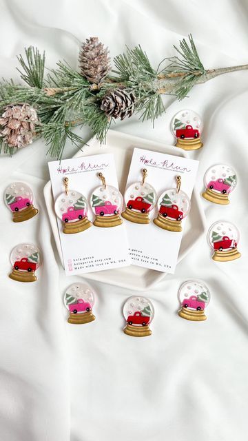 Snowglobe Clay Earrings, Clay Works, Christmas Tree Earrings, Bold Earrings, Christmas Earrings, Red Truck, Pink And Red, Pine Tree, Holiday Collection