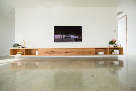 Timber joinery project - Connewarre Hanging Tv On Wall, Floating Tv Cabinet, Recycled Timber Furniture, Floating Cabinets, Floating Tv, Custom Furniture Design, Timber Furniture, 아파트 인테리어, Living Room Tv Wall