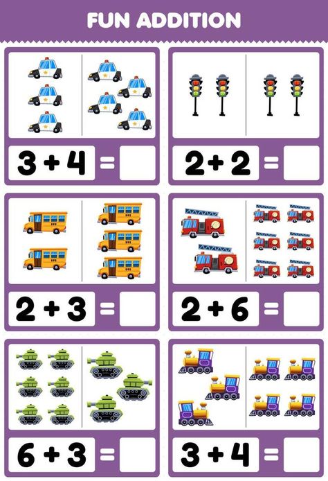 Cartoon Transportation, Kindergarten Math Addition, Addition Activities, Math Quotes, Kindergarten Social Studies, Animal Worksheets, Math Games For Kids, Social Studies Worksheets, Game For Children