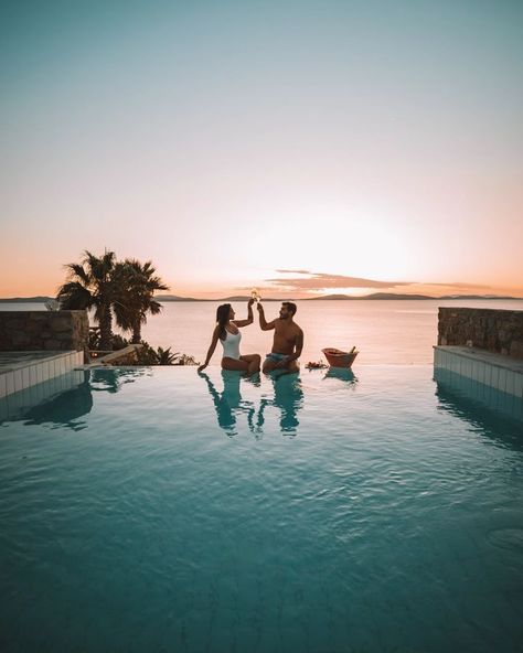 mykonos pool vila sunset toast couple goals #hotelsansresorts #hotels #mykonosgrandresort #mykonos #greece #travel #couplephoto Resort Couple Photography, Mykonos Pool, Couple Pool Pictures, Pool Couple, Swimsuit Photoshoot, Hotel Photoshoot, Resort Photography, Safari Photo, Swimsuits Photoshoot