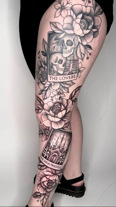 Dark Feminine Tattoos, Forearm Cover Up Tattoos, Maching Tattoos, Spine Tattoo Ideas, Tarot Tattoo, Full Leg Tattoos, Feminine Tattoo Sleeves, Skull Sleeve Tattoos, Floral Tattoo Sleeve