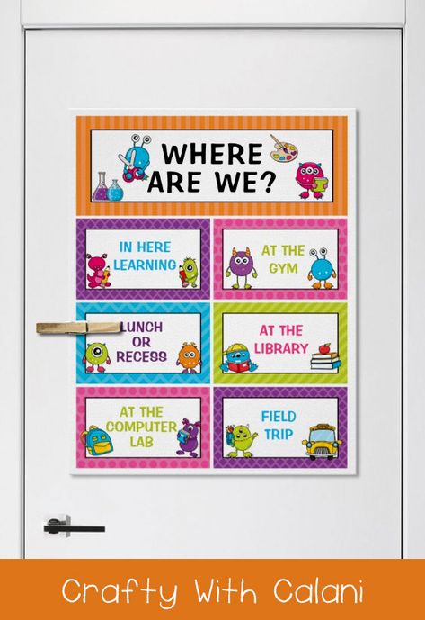 Where Is Our Class Door Sign, Where Are We Classroom Sign, Monster Theme Classroom, Monster Classroom, Class Labels, Classroom Door Signs, Class Door, Preschool Classroom Decor, Monster Theme