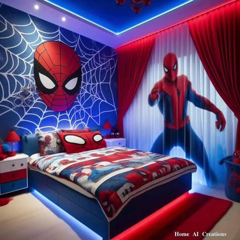 Superhero Rooms, Spiderman Themed Bedroom, Spider Man Room, Gaming Bedroom Ideas, Hero Bedroom, Spiderman Bedroom, Super Hero Room, Man Bedroom, Spiderman Room