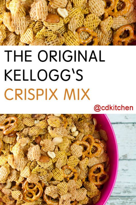 The Original Kellogg's Crispix Mix - A crunchy, savory snack made from your favorite cereals, pretzels, and nuts. | CDKitchen.com Original Crispix Mix Recipe, Crispix Snack Mix Recipe, Crispix Snack Mix, Chex Mix Original, Chex Mix Recipes Original, Party Mix Recipe, Cereal Mix, Cereal Snacks, Chex Mix Recipes