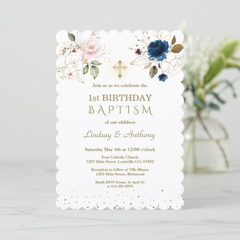 Bautizo Ideas, Pink Blue Flowers, Twins 1st Birthdays, Baptism Invitation, Pink Watercolor Flower, Pink And Blue Flowers, Blush Flowers, Baptism Girl, Baptism Invitations