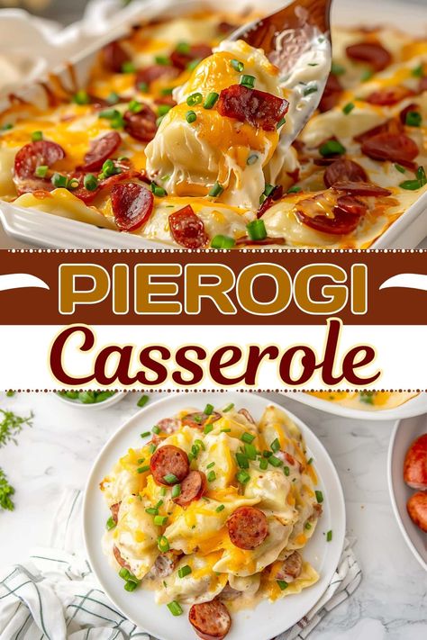 Sausage And Pierogi Casserole, Fall Recipes Dinner Casserole, Peroxide Casserole, Dinner Ideas With Perogies, Loaded Pierogi Casserole, Perogie And Sausage Dinner Ideas, Perogies And Sausage Recipe, Sausage And Pierogies Bake, Sausage Perogies Casserole