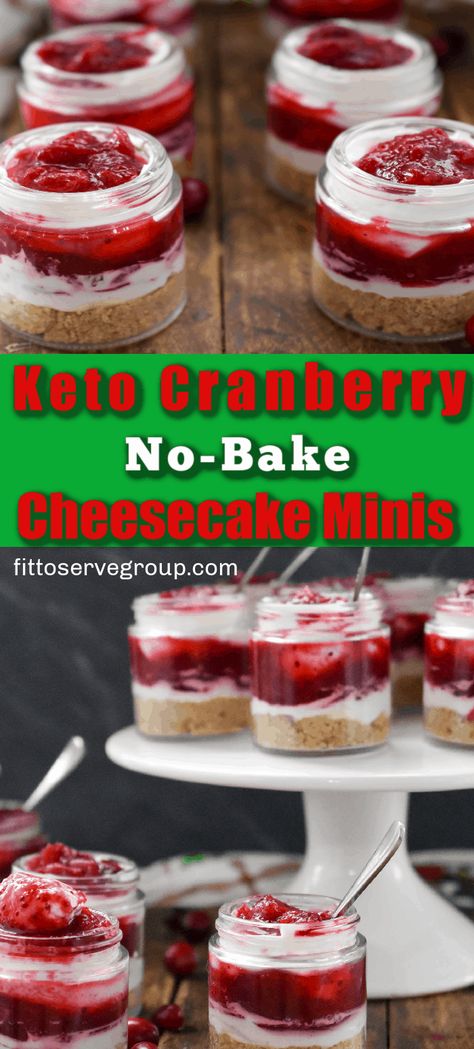 This keto no-bake cranberry cheesecake is rich creamy and is sure to be the star of your holiday dessert table. And since it's also grain-free and low in carbs it's a perfect keto-friendly treat. Enjoy a keto cranberry cheesecake that combines the sweetness of cheesecake with the tartness of cranberries in a sugar-free dessert beautifully. no-bake sugar-free cranberry cheesecake| gluten-free no-bake cranberry cheesecake| keto cranberry cheesecake minis Keto Cranberry Recipes, Cranberry Cheesecake Recipes, Cranberry Recipes Dessert, Cheesecake Minis, Cranberry Cheesecake Bars, Keto Cranberry, Holiday Dessert Table, Low Carb Christmas, Cranberry Dessert