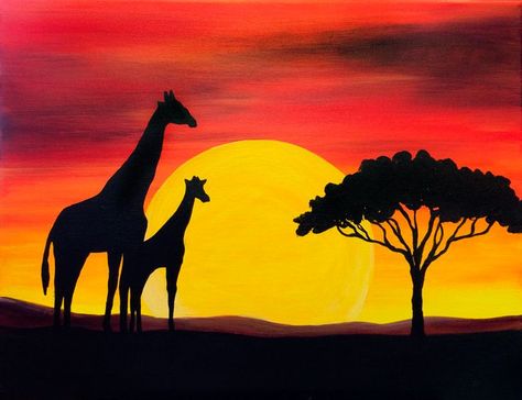 Paint And Sip Studio, Africa Drawing, Paintings Diy, African Sunset, Silhouette Painting, African Art Paintings, Re Leone, Oil Pastel Art, 인물 드로잉