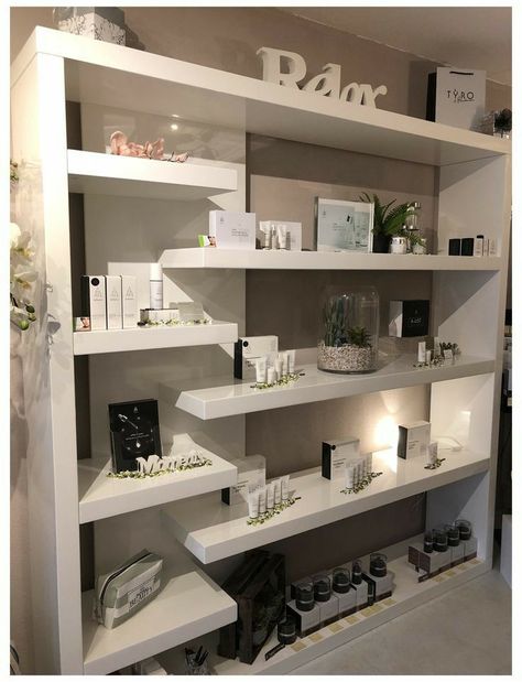 Medspa Shelves, Esthetician Shelves, Spa Room Ideas Estheticians, Living In The Now, Ideas Salon, Massage Room Decor, Interior Design India, Retail Shelves, Nail Salon Interior Design