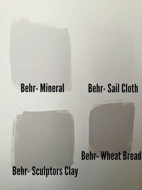 Warm neutral greige paint colors - Behr Mineral, Behr Sail Cloth, Behr Sculptors Clay, behr wheat bread Behr Sculptor Clay, Floor Paint Colors, Interior Paint Colors Schemes, Guest Bedroom Makeover, Greige Paint Colors, Greige Paint, Behr Paint Colors, Farmhouse Paint Colors, Farmhouse Paint