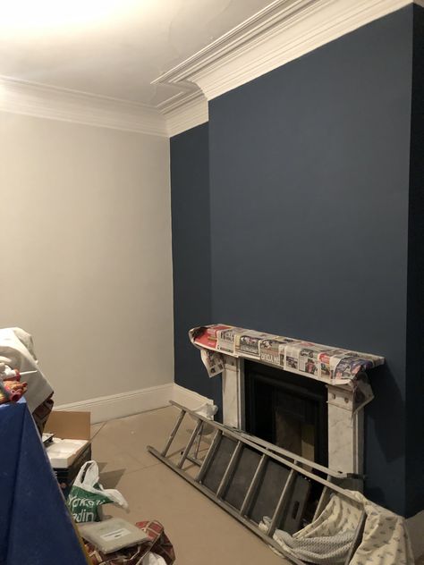 Dark Chimney Feature Wall, Navy Chimney Wall, Navy Living Room Panelling, Small Navy Living Room, Dark Blue Living Room Accent Wall, Dark Grey Feature Wall Living Room, Navy Panelling Living Room, Navy Blue Feature Wall Living Room, Navy Feature Wall Living Room