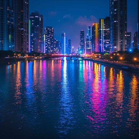 City Night Lights: Vibrant cityscape at night with colorful reflections on the water, surrounded by illuminated modern skyscrapers. #city #night #lights #reflection #skyscrapers #aiart #aiphoto #stockcake ⬇️ Download and 📝 Prompt 👉 https://ayr.app/l/Cdyo Colorful City Photography, Cities At Night, City Night Lights, Cityscape At Night, Tin Can Flowers, Nite Lights, Modern Skyscrapers, Neon Nights, Free City