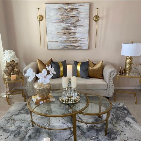 Cream And Gold Living Room, Silver Living Room, Gold Living Room Decor, Glam Living Room Decor, White Living Room Decor, Elegant Living Room Decor, Living Room Decor Gray, Town Home, Room Decor Living Room