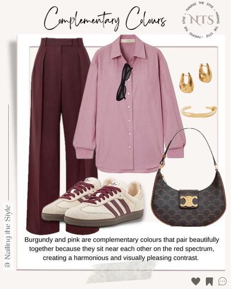 ✨Burgundy, a deep, rich shade of red, has a grounded and mature feel, while pink, a lighter tint of red, adds a softer, more playful touch. The depth of burgundy balances the lightness of pink, making this combination both striking and versatile. ✨The blend of these two colours adds warmth and dimension to any outfit, suitable for both casual and formal occasions. What do you think of this look? Let me know in the comments👇💬 and share this styling tip with friends 🗣️ ✨Available items and ... Burgundy Pink Outfit, Pink And Burgundy Outfit, Burgundy Dress Outfit, Burgundy Outfit, Shade Of Red, Burgundy Dress, Pink Outfits, Complementary Colors, Pink Outfit