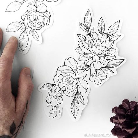 Graeme - Tattoo Artist บน Instagram: “New flash (TAKEN 😔) Dahlia rose & blossoms ⠀⠀⠀⠀⠀⠀⠀⠀⠀ Approx 6x3" Around $360 for arms/legs (can be made larger, and placement could be…” Dahlia Flower Tattoos, Rose Tattoo Placement, Dahlia Tattoo, Small Rose Tattoo, Watercolor Tattoo Flower, Floral Tattoo Sleeve, Drawing Flowers, Tattoo Flash Art, Flower Tattoo Designs