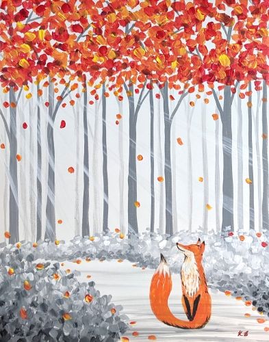 Paint Nite painting Fox in the Fall by artist Kaytie Smith from Tacoma, WA, USA. #paintnite #yaymaker #makeyayallday Starfish Painting, Fox Painting, Paint Nite, Autumn Painting, Paint And Sip, Fox Art, Paint Party, Painting Supplies, Paint Kit