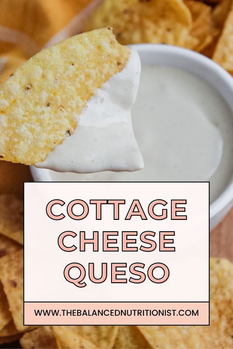 A close up shot of a tortilla chip dipped in cottage cheese queso with a text overlay that reads "cottage cheese queso". Cottage Cheese Queso Weight Watchers, Weight Watchers Cottage Cheese Queso Dip, Cottage Cheese Everything Bagel Dip, Weight Watchers Cottage Cheese Queso, Cottage Cheese Dorito Dip, Cottage Cheese Dipping Sauce, Protein Queso Cottage Cheese, Queso Made With Cottage Cheese, Ww Queso Dip