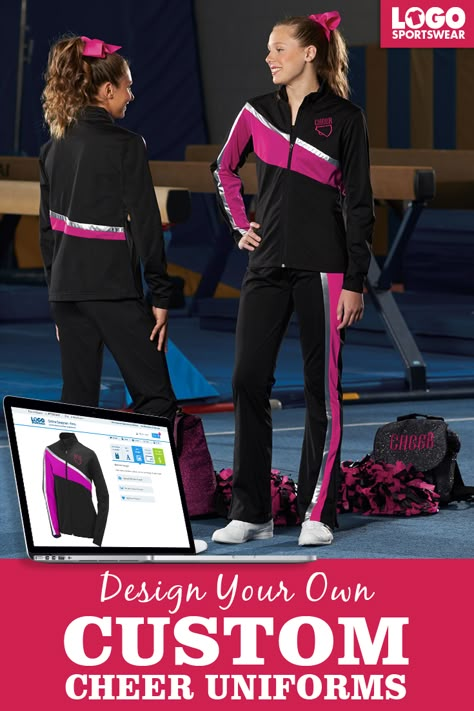 Looking for more ways to show your team spirit? Custom cheer gear and warmups are a great place to start! Represent your school in style at practice, at the gym or at the next competition. It's super easy to design online, and the bigger your team is, the more you save! Custom Cheer Uniforms, School Dance Outfits, Warehouse Plan, Cheerleading Ideas, Hairstyles For Gowns, Cheer Gear, Sports Centre, Sportswear Design, Dance Images