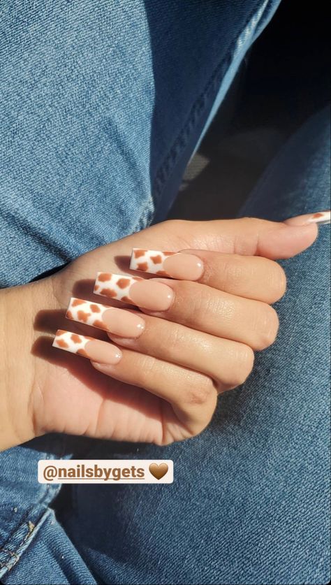 Brown Cow Print Nails French Tip, Cow Print French Tip Acrylic Nails, Cow Print French Tip Nails, Cow Print French Tips, Brown Cow Print Nails, Print French Tip Nails, Brown Cow Print, Cow Nails, Long Acrylic Nail Designs