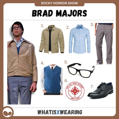 Brad Majors might not be the most exciting man on planet Earth but at least he makes for a fun cosplay idea! Make your own Brad costume with our dedicated DIY guide for men! Rocky Horror Picture Show Costume Ideas, Brad Rocky Horror, Brad Majors, Rocky Horror Picture Show Costume, Rocky Horror Costumes, Dark Grey Chinos, Fun Cosplay, Grey Chino Pants, Cosplay Idea