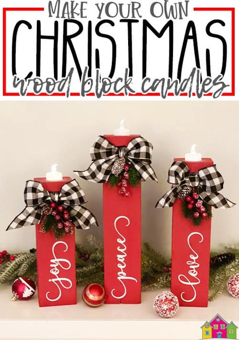 Christmas Signs To Make With Cricut, Cinder Block Christmas Decor, Wooden Candle Holders Diy Wood Blocks, 2x2 Christmas Wood Projects, Christmas Crafts With Wood Blocks, Wood Block Candle Holders Christmas, 4 X 4 Christmas Crafts, 4x4 Wood Block Crafts, Block Crafts Wooden