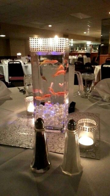 Centerpiece !   Live fish!                                                                                                                                                                                 More Goldfish Centerpiece Wedding Live Fish, Fish Wedding Centerpieces, Goldfish Centerpiece, Fish Centerpiece, Bling Centerpiece, Fishing Wedding, Quince Decorations, Tafel Decor, Sea Wedding