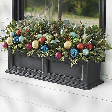 Christmas Window Boxes, Winter Window Boxes, Christmas Urns, All Is Bright, Window Box Flowers, Christmas Porch Decor, Red Ornaments, Grandin Road, Christmas Yard