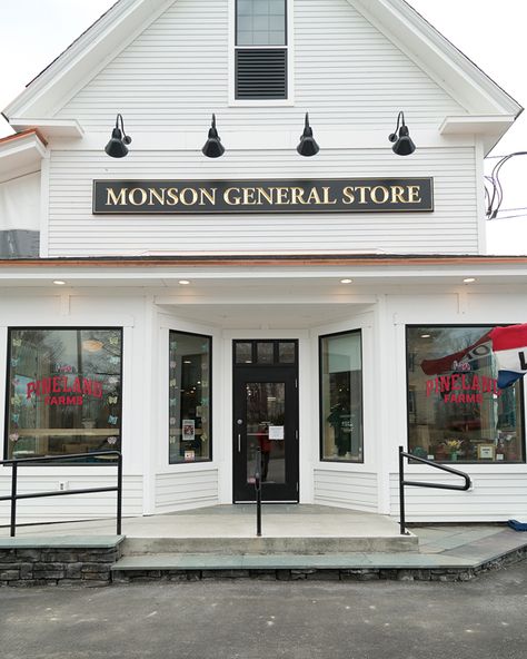 Old General Store Exterior, Painted Brick Storefront Store Fronts, General Store Decorating Ideas, Furniture Store Front Design, Black And White Storefront Design, Old General Store Fronts, Old General Stores Exterior, Cottage Store Front Ideas, Country Market General Store