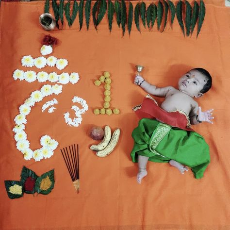 Vinayaka Chavithi Theme Baby Photoshoot Ideas, Vinayaka Chaturthi Baby Photo Shoot, Vinayagar Chaturthi Baby Photoshoot, Ganapati Theme Baby Photoshoot, Ganesha Theme Baby Photoshoot, Ganesha Baby Photoshoot Ideas, Baby Girl Photoshooting Ideas 1st Month, Ganesha Festival Baby Photoshoot, Ganesh Chaturthi Theme Baby Photoshoot