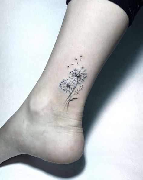 Tiny Dandelion Tattoos For Women, Ankle Tattoo Dandelion, Popular Woman Tattoos, Dandelion Into Butterfly Tattoo, Two Dandelion Tattoo, 3 Dandelion Tattoo, Dandelion Tattoo On Ankle, Wishie Tattoo, Dandelion Foot Tattoo