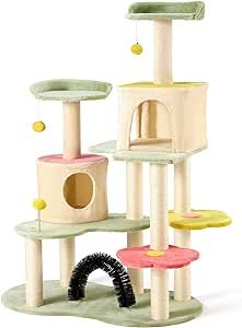 Flower Cat Tree Tower, 59 Inches Cute Cat Tree for Indoor Cats w/Sisal Covered Cat Scratching Posts Stand Cozy Condo, Sturdy Padded Top Perch and Bell Ball Colorful Cat Tree House for Indoor Cats Cute Cat Tree, Cat Tower Tree, Flower Cat Tree, Cat Habitat, Cozy Condo, Cat Tree House, Modern Cat Tree, Cat Towers, Flower Cat