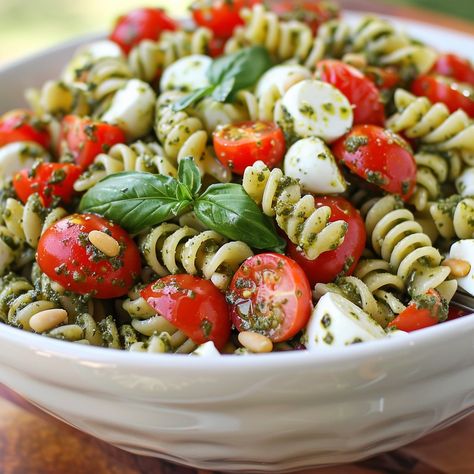 🍝 Whip up our fresh and easy Pasta Salad with Pesto! 🌱 #HealthyEating Pasta Salad with Pesto Ingredients: Cooked pasta (3 cups) Cherry tomatoes (1 cup, halved) Mozzarella balls (1/2 cup) Basil pesto (1/3 cup) Pine nuts (1/4 cup, toasted) Instructions: In a large bowl, mix pasta with tomatoes, mozzarella, and pesto. Garnish with toasted pine nuts. Serve chilled or at room temperature. 🥗 Freshen up your meal with our vibrant Pasta Salad with Pesto, perfect for picnics and potlucks! #PastaPe... Pasta Salad With Pesto, Pesto Ingredients, Pasta With Tomatoes, Mozzarella Balls, Tomatoes Mozzarella, Pesto Pasta Salad, Instagram Recipes, Cooked Pasta, Twisted Recipes