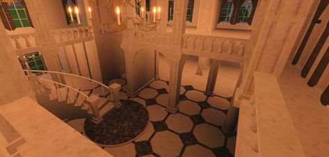 Bloxburg Grand Staircase, Bloxburg Palace Ideas, Bloxburg Foyer, Foyer Layout, Bloxburg Palace, Bloxburg Castle, Roblox Builds, Mermaid Castle, Elegant Mansion