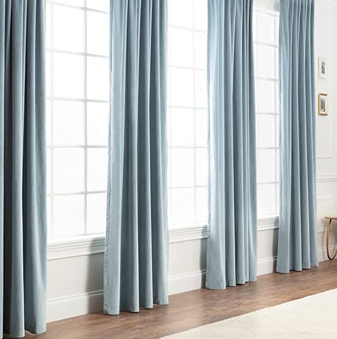 Blue Curtains Living Room, Light Blue Curtains, Blue Velvet Curtains, Velvet Room, Drapes For Living Room, Unique Curtains, Curtain Headings, Velvet Drapes, Window Treatments Bedroom