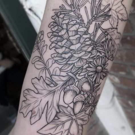 Forest Half Sleeve Tattoo Women, Botanical Forest Tattoo, Forest Floral Tattoo, Pinecones Tattoo, Autumn Floral Tattoo, Forest Foliage Tattoo, Forest Leaves Tattoo, Forest Sleeve Tattoo Women, Mule Tattoo