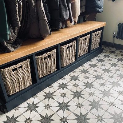 Painted Shoe Rack Storage Bench With 5 Baskets 188cm entrance Porch Reception Hallway Grey Blue choose Colour BASKETS INCLUDED - Etsy Porch Storage Bench, Boot Room Storage, Hallway Shoe Storage Bench, Raw Furniture, Hallway Shoe Storage, Rustic Hallway, Shoe Rack Storage, Mudroom Makeover, Coat Rack With Storage