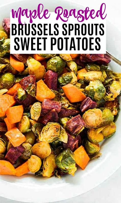 These Maple Roasted Brussels Sprouts and Sweet Potatoes are the perfect colorful side dish for your holiday table, they are so pretty! This classic Thanksgiving side dish will be a tasty treat for your Thanksgiving menu. Brussel Sprouts And Sweet Potato Recipe, Brussel Sprouts And Sweet Potatoes, Brussels Sprouts And Sweet Potatoes, Thanksgiving Side Dishes Crockpot, Sprouting Sweet Potatoes, Maple Sweet Potatoes, Thanksgiving Side Dishes Healthy, Thanksgiving Side Dishes Easy, Thanksgiving Menu Ideas Side Dishes