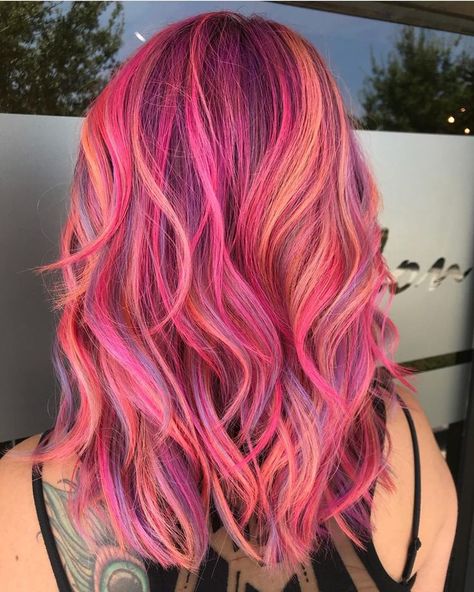 bright hair Fun Vibrant Hair Colors, Sunset Hair Color, Coral Hair, Sunset Hair, Pulp Riot Hair Color, Cute Hair Colors, Beautiful Hair Color, Pinterest Hair, Bright Hair