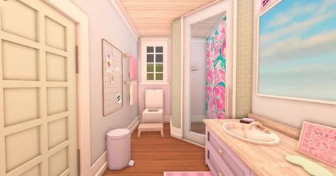 Bloxburg bathroom idea, coastal/preppy Preppy Bloxburg House Interior, Preppy Kitchen Bloxburg, Preppy Bloxburg Bathroom, Preppy Room Bloxburg, Bloxburg Preppy Bedroom, Preppy Bloxburg Bedroom, Preppy Bloxburg House, Bathroom Decals Bloxburg, House Preppy