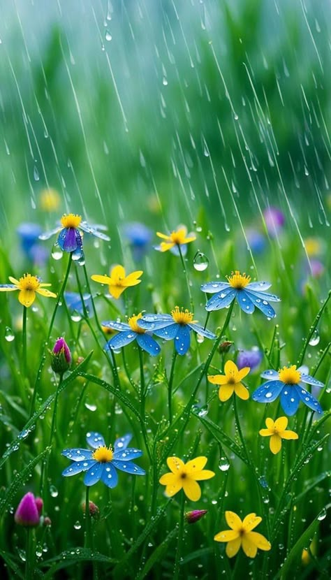 Spring Images Nature, Rain And Flower Wallpaper, Spring Rain Wallpaper Iphone, Flowers Rain Wallpaper, Flowers In The Rain Aesthetic, Rain Night, Rainy Day Flowers Rain Drops, Birds Photography Nature, Spring Scenery